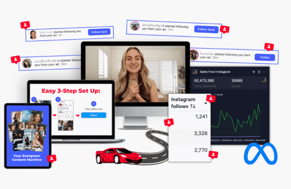 Instagram Follower Fast-Track – Instagram growth course mockup with ads notifications and follower analytics