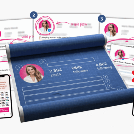 Maria’s Instagram Bio Blueprint – Instagram bio blueprint mockup displayed on a rolled blueprint with Instagram profile examples