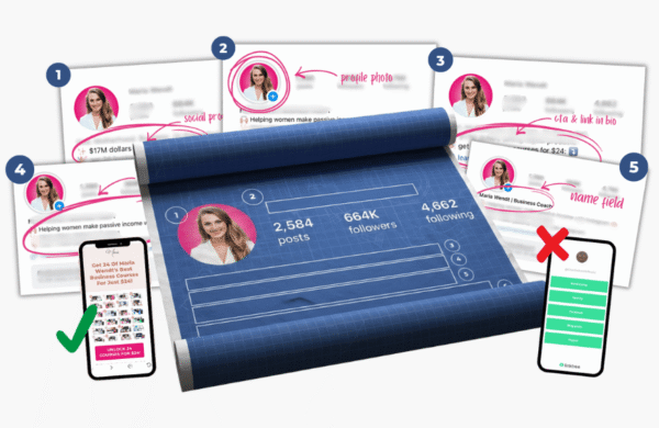 Maria’s Instagram Bio Blueprint – Instagram bio blueprint mockup displayed on a rolled blueprint with Instagram profile examples