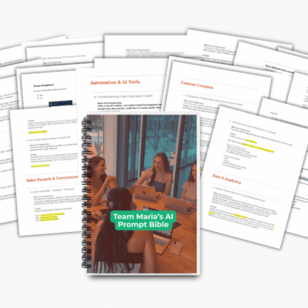 Team Maria AI Prompt Bible – AI prompt guide pages and workbook mockup displayed with document previews