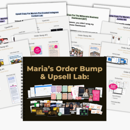 Maria’s Upsell Funnel Lab: All Our Top Performers – upsell funnel and order bump templates displayed with workbook and document previews