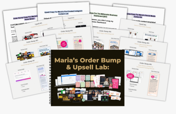 Maria’s Upsell Funnel Lab: All Our Top Performers – upsell funnel and order bump templates displayed with workbook and document previews