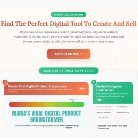 The Best-Seller Tool Finder (For Any Niche!) – AI-powered tool idea generator page and digital tool previews displayed with interface mockups
