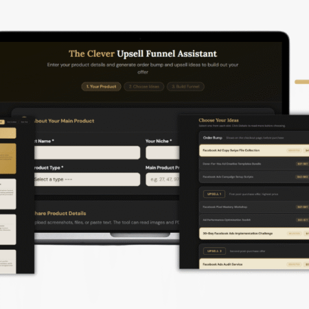 The Clever Upsell Funnel Assistant – upsell funnel planning dashboard and product recommendation tool displayed on desktop screens