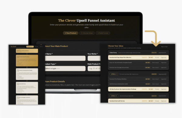 The Clever Upsell Funnel Assistant – upsell funnel planning dashboard and product recommendation tool displayed on desktop screens