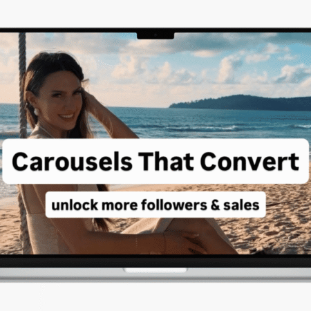 Carousels That Convert – carousel design examples displayed on a laptop mockup