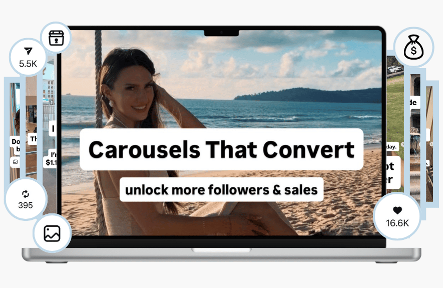 Carousels That Convert – carousel design examples displayed on a laptop mockup