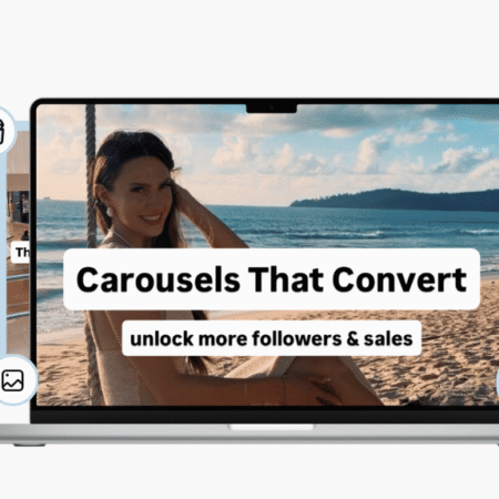 Carousels That Convert – carousel design examples displayed on a laptop mockup
