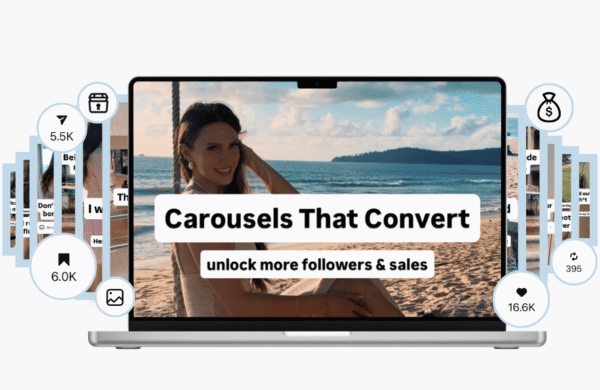 Carousels That Convert – carousel design examples displayed on a laptop mockup
