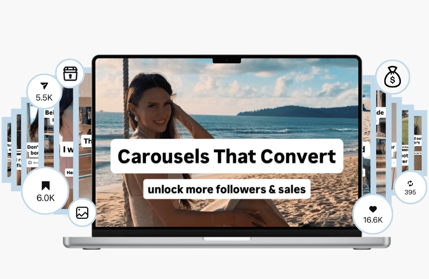 Carousels That Convert – carousel design examples displayed on a laptop mockup