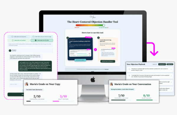 The Heart-Centered Objection Handler Tool – objection handling tool, conversation feedback, and objection playbook displayed on a desktop screen